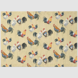 Rustic Country Roosters Watercolor Gold Decoupage Tissue Paper