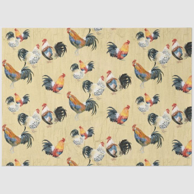 Rustic Country Roosters Watercolor Gold Decoupage Tissue Paper (Front)