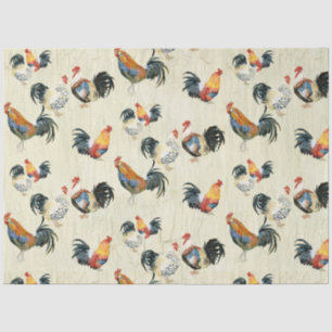Rustic Country Roosters Watercolor Wood Decoupage Tissue Paper