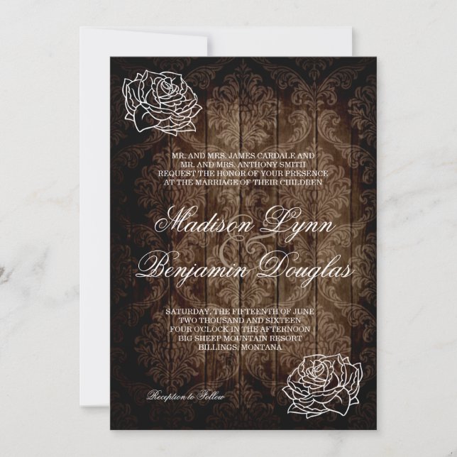 Rustic Country Roses Barn Wood Wedding Invites (Front)