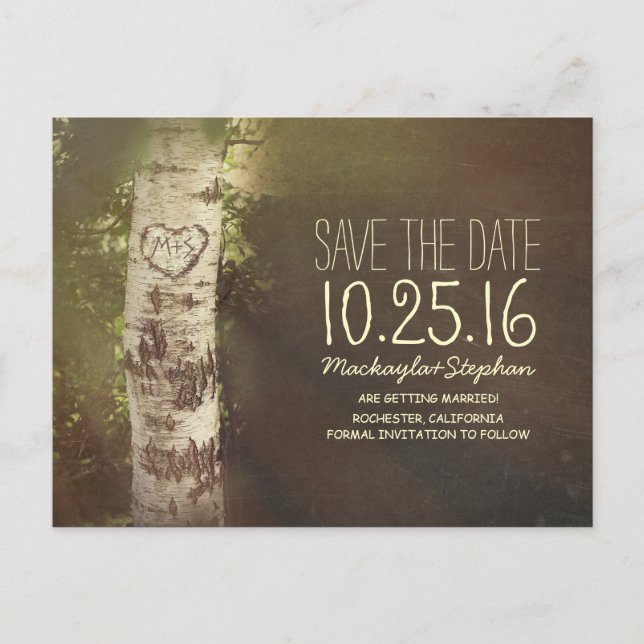 Rustic country save the date with birch tree announcement postcard (Front)