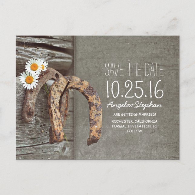 Rustic country save the date with old horseshoe announcement postcard (Front)