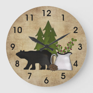 Rustic Country Silhouette Bear and Trees Mountain Large Clock
