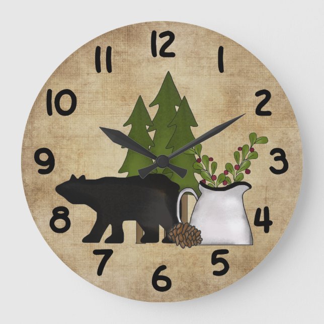 Rustic Country Silhouette Bear Charming Mountain Large Clock (Front)