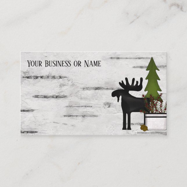 Rustic Country Silhouette Moose on Birch Tree Bark Business Card (Front)