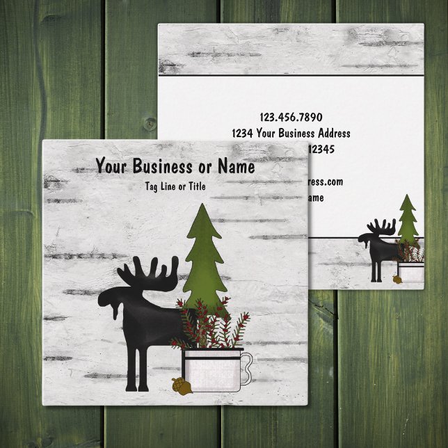 Rustic Country Silhouette Moose on Birch Tree Bark Square Business Card (Creator Uploaded)