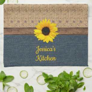 Rustic Country Simulated Burlap Denim Sunflower Kitchen Towel