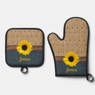Rustic Country Simulated Burlap Denim Sunflower Oven Mitt & Pot Holder Set