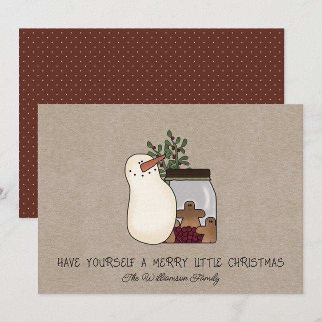 Rustic Country Snowman and Gingerbread Men  Holiday Card (Front/Back)