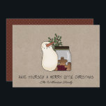 Rustic Country Snowman and Gingerbread Men  Holiday Card<br><div class="desc">Rustic Snowman and Gingerbread Men Kraft Holiday Card. What an whimsical way to send out your holiday greetings to your family, friends and business associates. Card features an adorable whimsy primitive country snowman standing beside a mason jar of gingerbread men and a sprig of holly and berries. Card is perfect...</div>