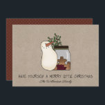 Rustic Country Snowman and Gingerbread Men  Holiday Card<br><div class="desc">Rustic Snowman and Gingerbread Men Kraft Holiday Card. What an whimsical way to send out your holiday greetings to your family, friends and business associates. Card features an adorable whimsy primitive country snowman standing beside a mason jar of gingerbread men and a sprig of holly and berries. Card is perfect...</div>