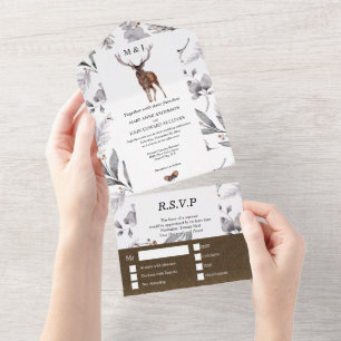 Rustic country stag watercolor fall foliage all in all in one invitation