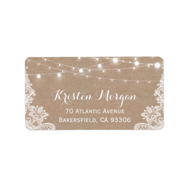 Rustic Country String Lights Lace Burlap Wedding Label (Front)