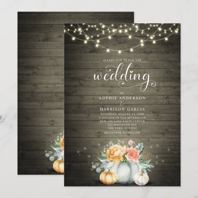 Rustic Country String Lights Pumpkin Fall Wedding Invitation (Front/Back)