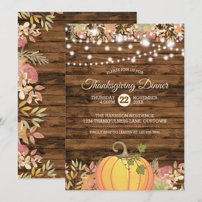 Rustic Country String Lights Pumpkin Thanksgiving Invitation (Front/Back)