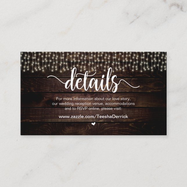 Rustic Country String Lights, Wedding Details Enclosure Card (Front)