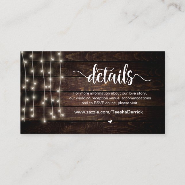 Rustic Country String Lights, Wedding Details Enclosure Card (Front)