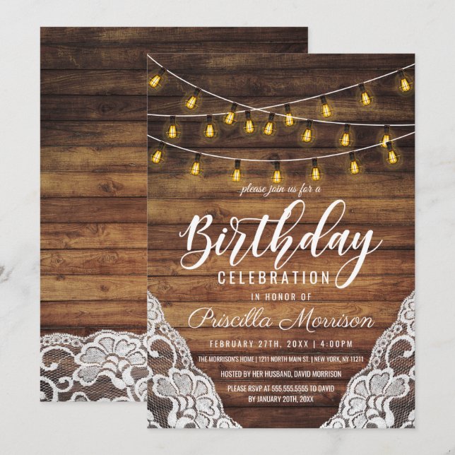 Rustic Country String Lights Wood Lace Birthday Invitation (Front/Back)