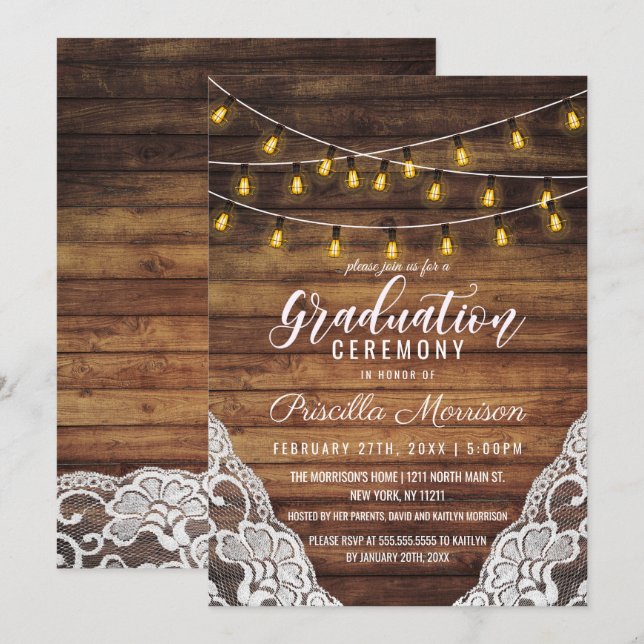 Rustic Country String Lights Wood Lace Graduation Invitation (Front/Back)
