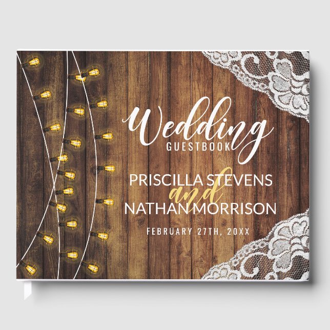 Rustic Country String Lights Wood Lace Wedding Guest Book (Front)