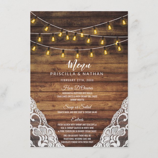 Rustic Country String Lights Wood Lace Wedding Menu (Front)