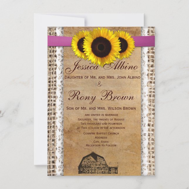 Rustic Country Sun Flower Lace Wedding Invitations (Front)