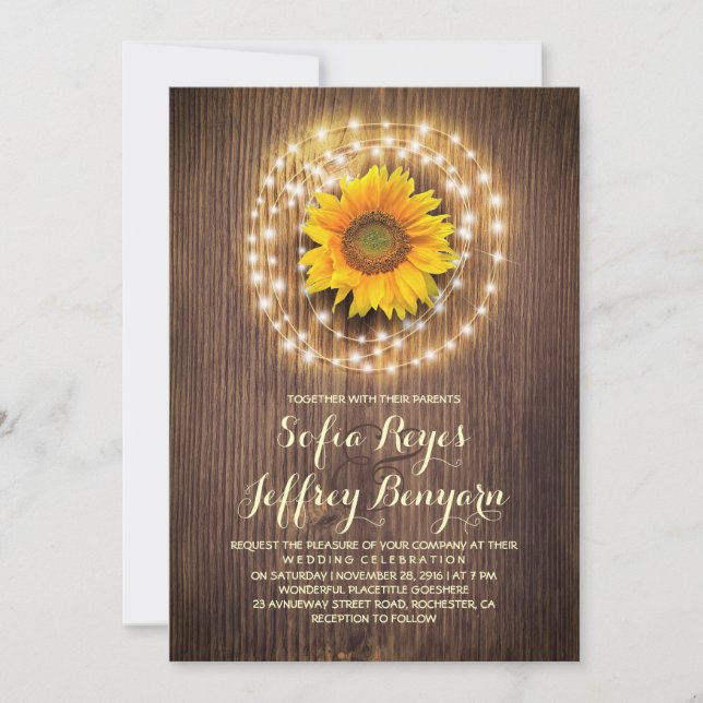 rustic country sunflower barn wedding invitations (Front)