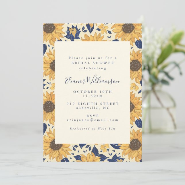 Rustic Country Sunflower Blue Yellow Bridal Shower Invitation (Standing Front)