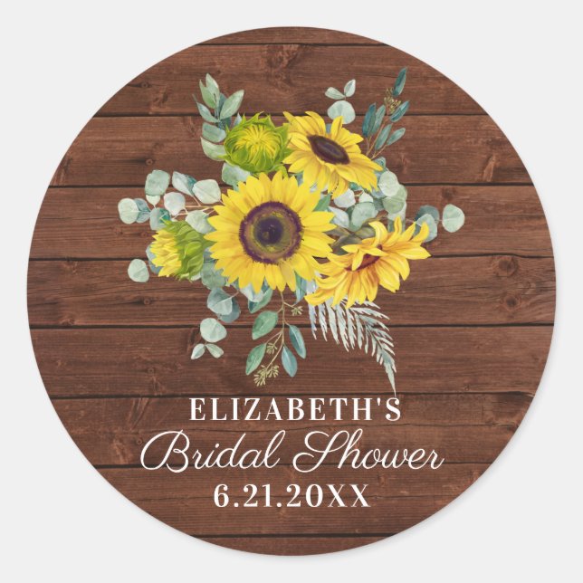 Rustic Country Sunflower Bridal Shower Favour Classic Round Sticker (Front)