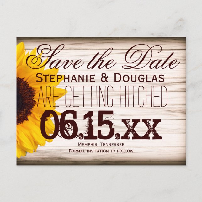 Rustic Country Sunflower Save the Date Postcards (Front)