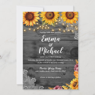 Rustic Country Sunflower & String Lights Wedding Invitation