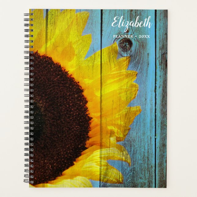 Rustic Country Sunflower Teal Wood Personalized Planner (Front)
