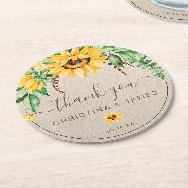 Rustic Country Sunflower Thank You Wedding Favour Round Paper Coaster (Angled)
