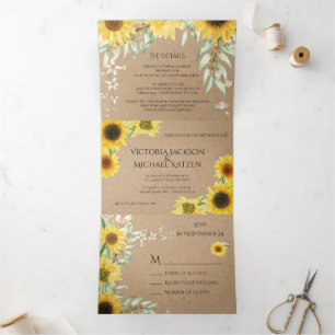 Rustic Country Sunflower Wedding Kraft Paper Tri-Fold Invitation
