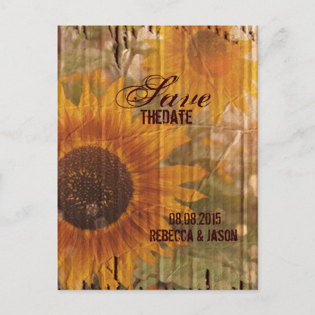 rustic country sunflower wedding save the date announcement postcard (Front)