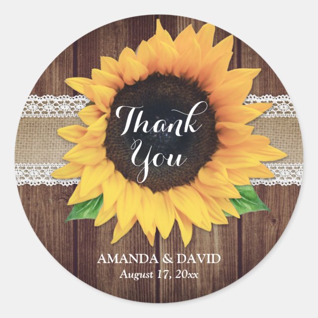 Rustic Country Sunflower Wedding Thank You Classic Round Sticker (Front)