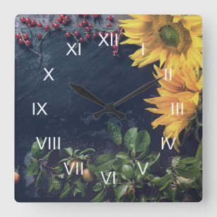 Rustic Country Sunflowers and Slate Roman Numerals Square Wall Clock