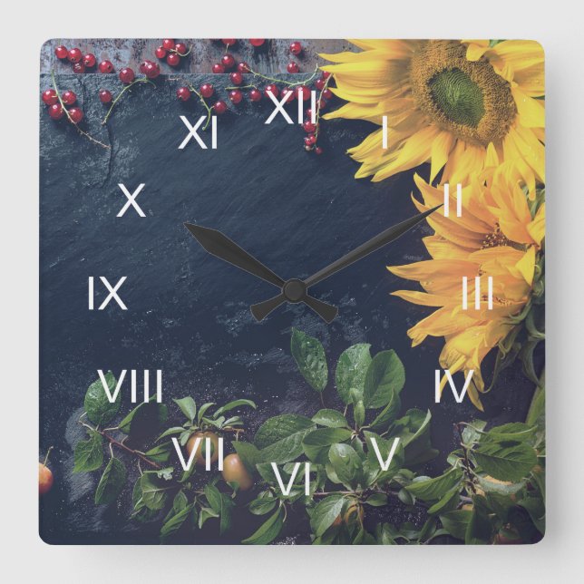 Rustic Country Sunflowers and Slate Roman Numerals Square Wall Clock (Front)