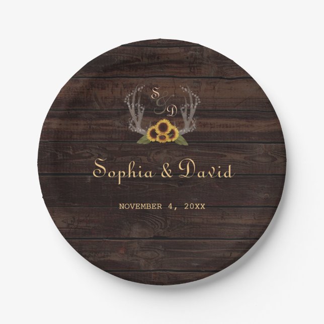 Rustic Country Sunflowers Antlers Wedding Paper Plate (Front)