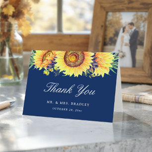 Rustic Country Sunflowers Navy Blue Thank You Card