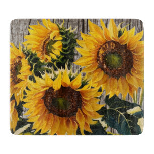 Rustic Country Sunflowers On Barnboard Print" Cutting Board