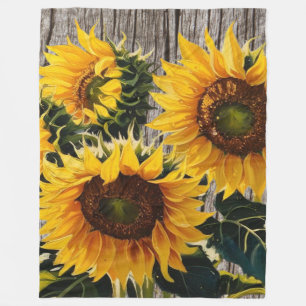 Rustic Country Sunflowers On Barnboard Print Fleece Blanket