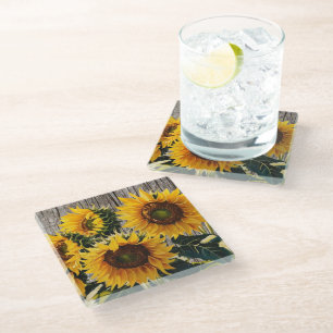 Rustic Country Sunflowers On Barnboard Print Glass Coaster