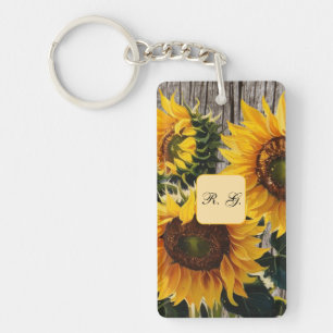 Rustic Country Sunflowers On Barnboard Print" Keychain