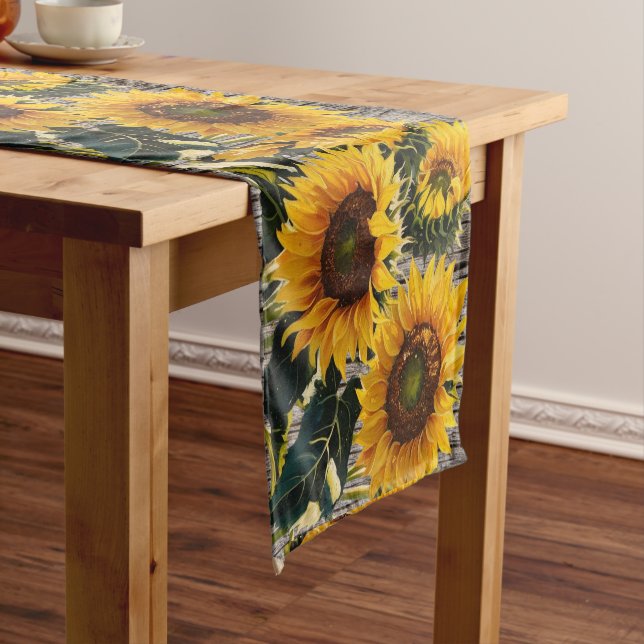 Rustic Country sunflowers On Barnboard Print Short Table Runner (In Situ)
