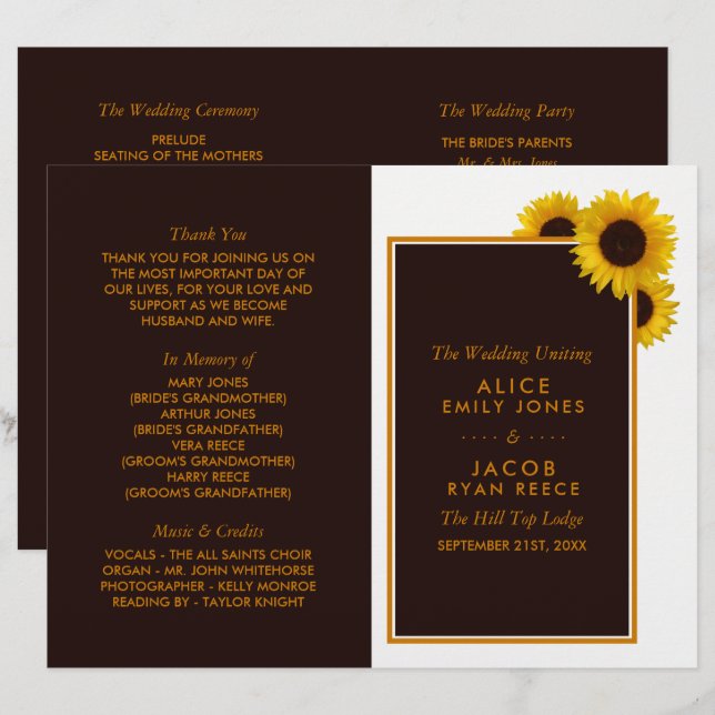 Rustic Country Sunflowers Programme de mariage flo (Devant / Derrière)