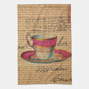 Rustic country tea party pink victorian teacup kitchen towel