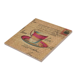 Rustic country tea party pink victorian teacup tile