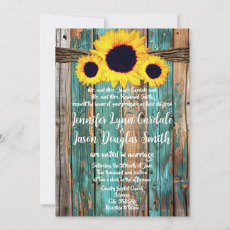 Rustic Country Teal Barn Wood Sunflower Wedding  Invitation