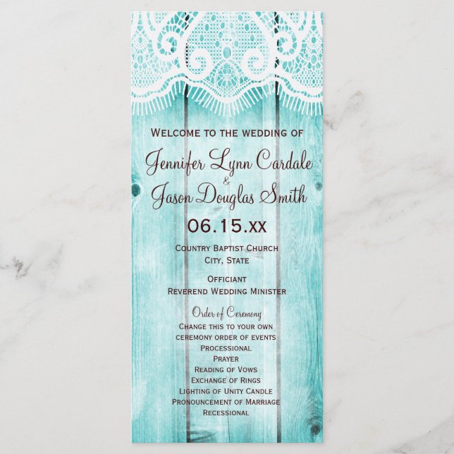 Rustic Country Teal Barn Wood Wedding Programs (Front)